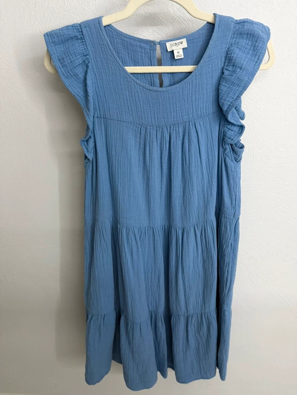 J.Crew Quietโ Harbor Blue Cotton Gauze Ruffle Tiered Midi Dress Pockets Size 0